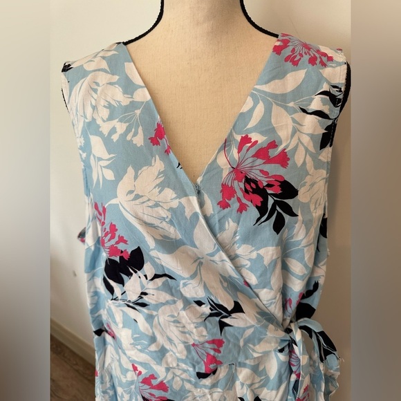 W Lane Frill Fern Dress Blue Pink Floral MIDI Faux Wrap Tie Waist SZ 20 NWT - Picture 3 of 12